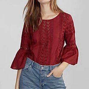 Express Top Women’s Size Medium Red Eyelet 3/4 Bell Sleeve Boho Keyhole Back